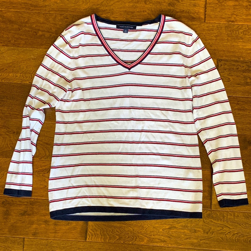 Tommy Hilfiger White and Red Striped V-Neck Sweater
